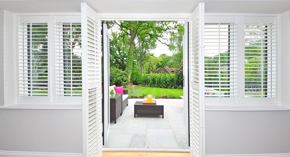 French doors with window shutters